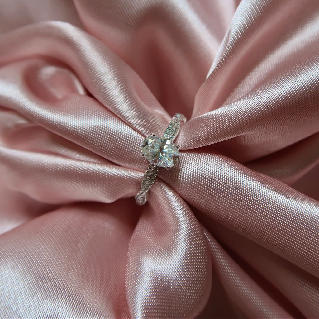 Moissanite Engagement Ring With Twisted Pavé Band 925 Sterling Silver