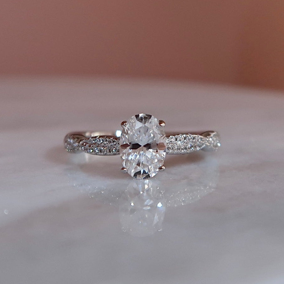 Moissanite Engagement Ring With Twisted Pavé Band 925 Sterling Silver