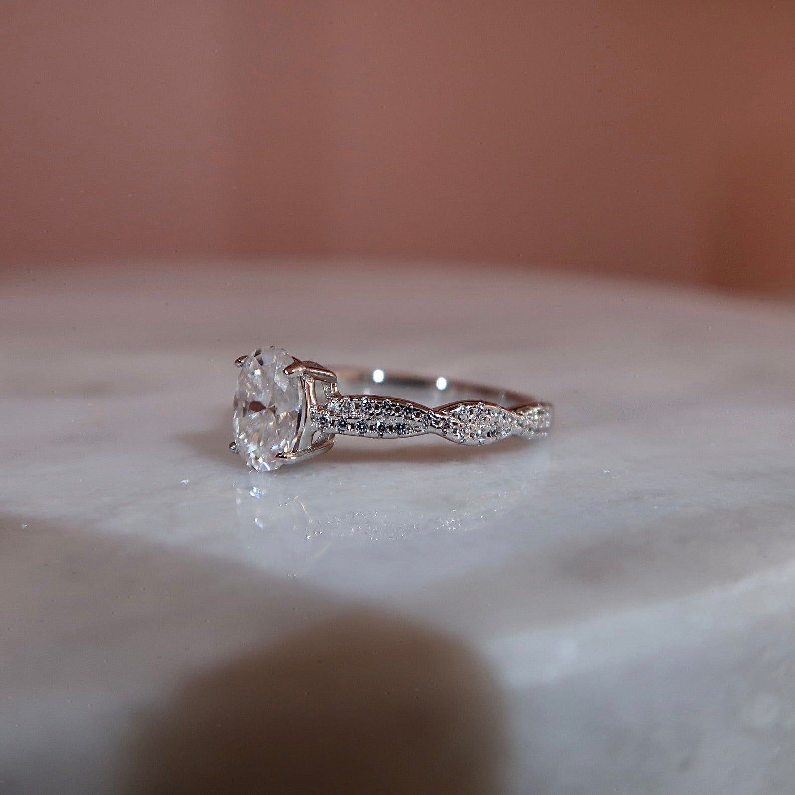 Moissanite Engagement Ring With Twisted Pavé Band 925 Sterling Silver